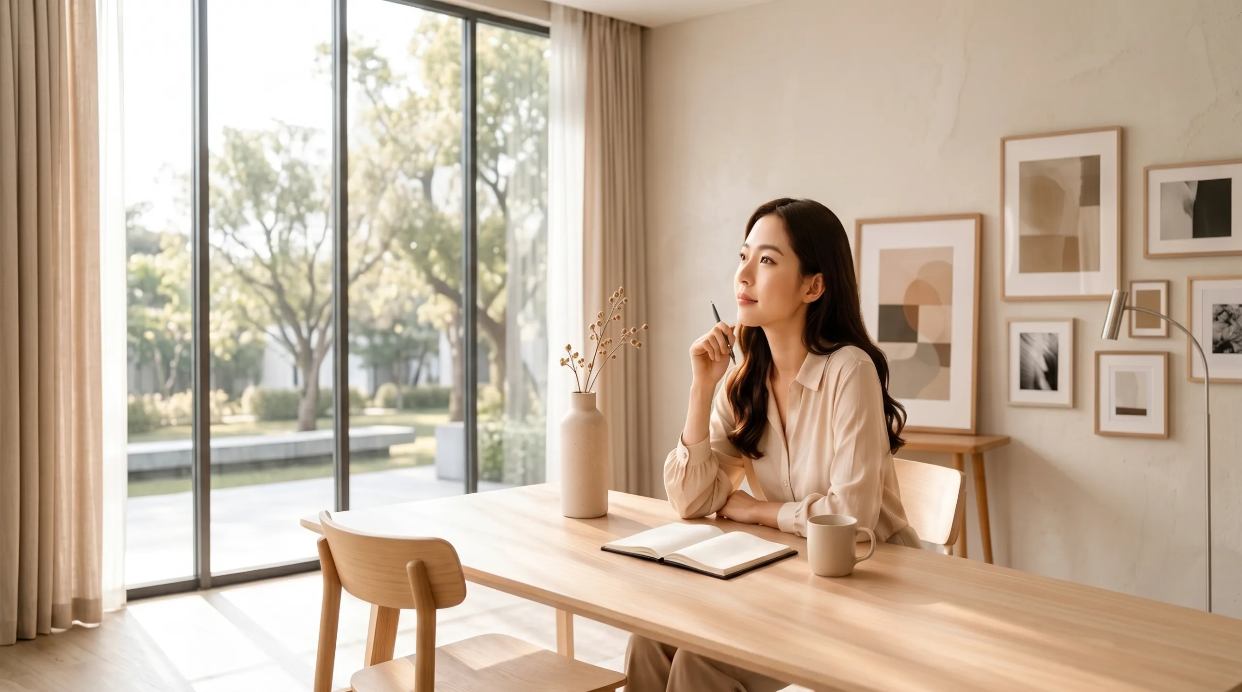 A woman reflecting with a notebook in a calm, sunlit room