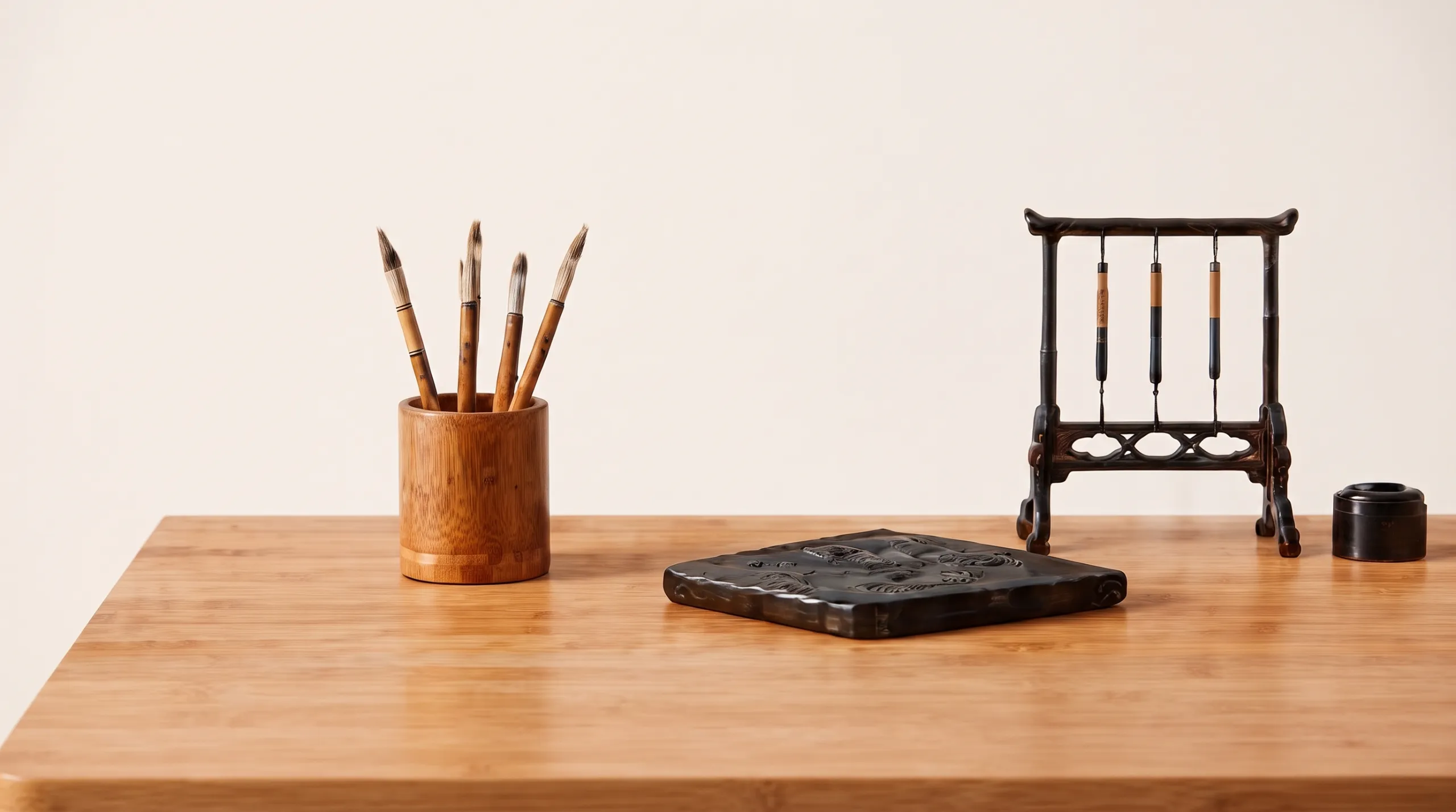 Calligraphy brushes and an ink stone on a study desk
