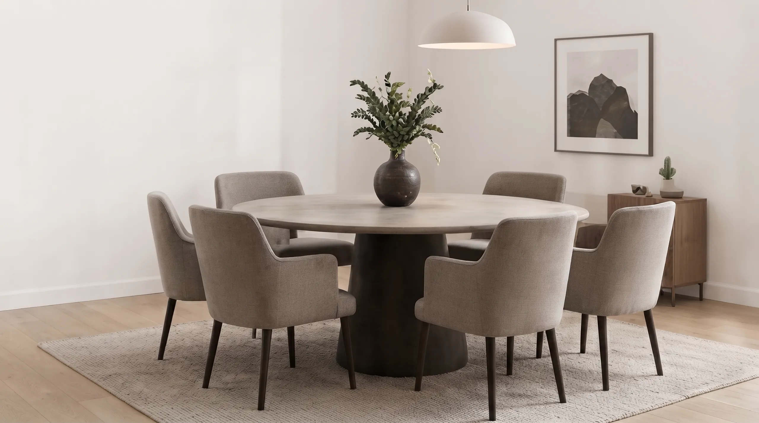 A round dining table with an even number of chairs