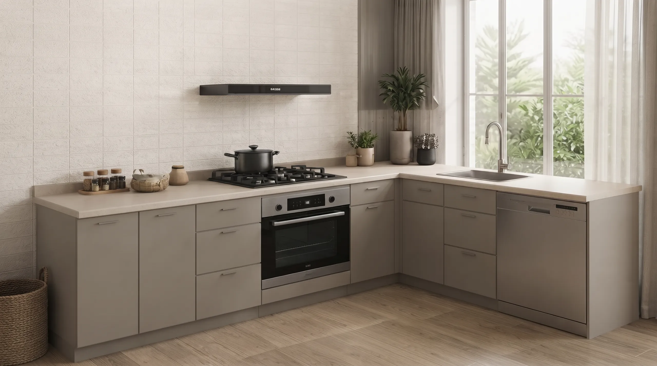 A kitchen with the stove and sink
