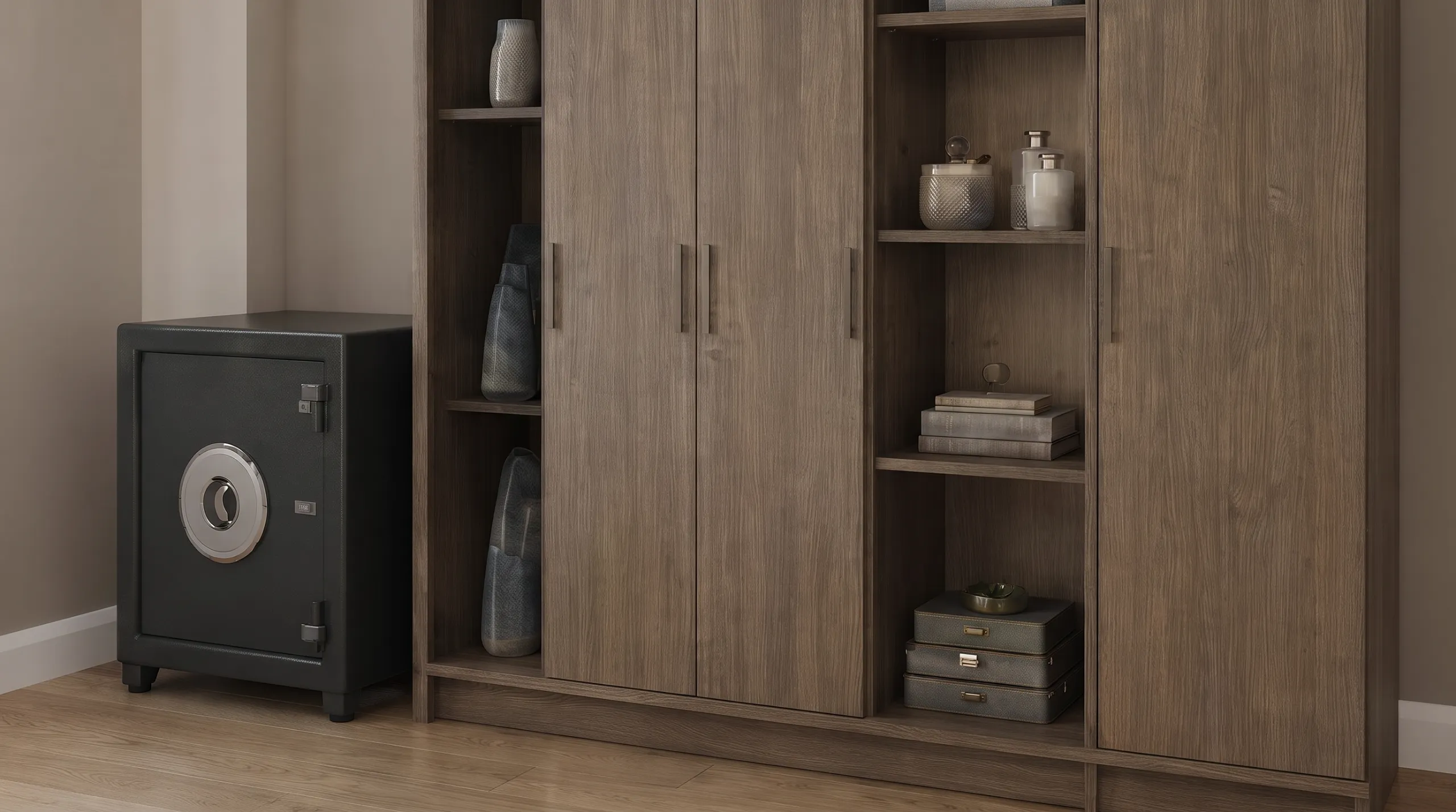 A safe and wardrobe positioned in the bedroom