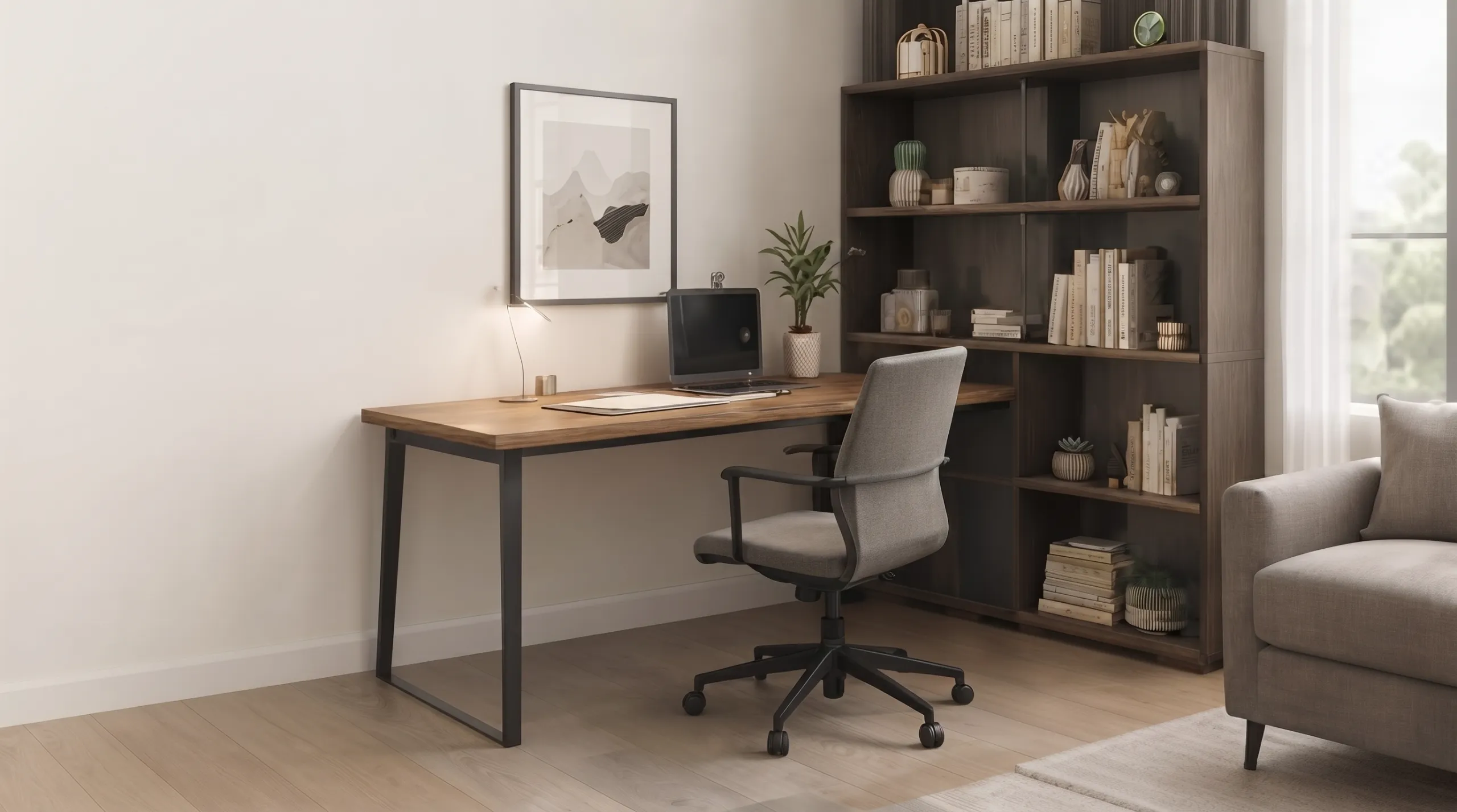 A study with a desk and bookshelf